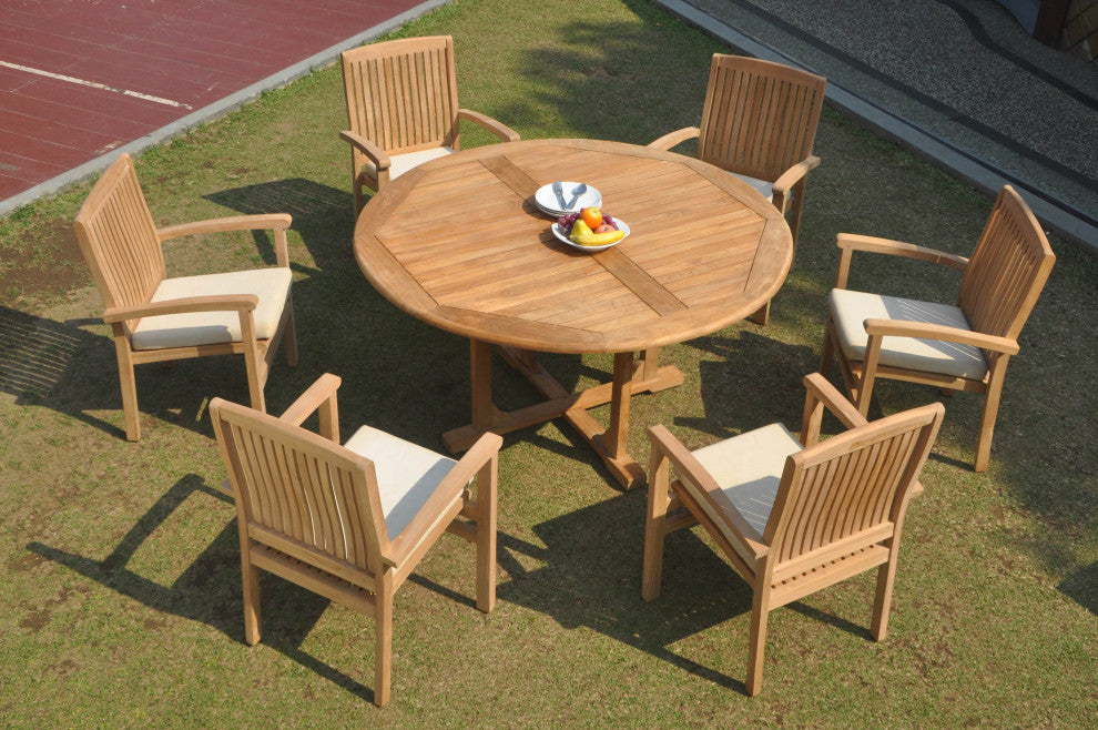 7-Piece Outdoor Teak Dining Set: 60" Round Table, 6 Wave Stacking Arm Chairs