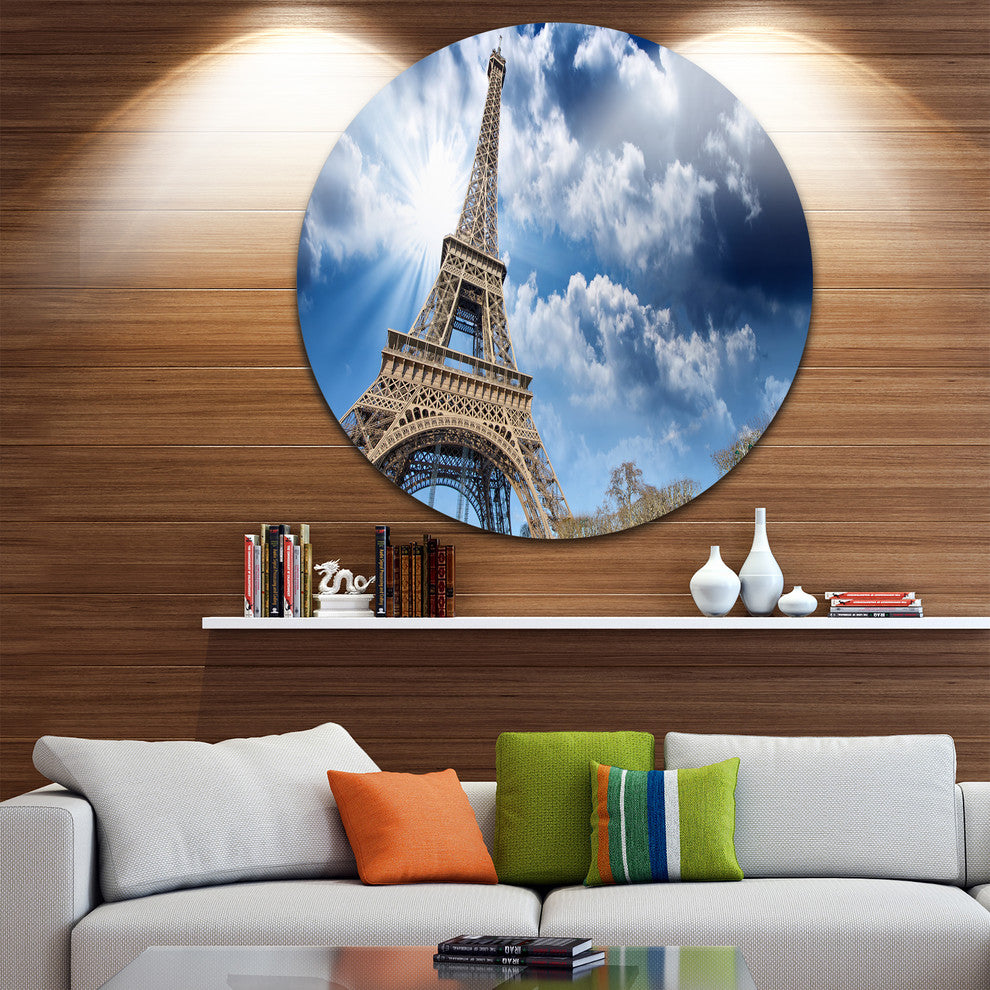 Eiffel Under Blue Sky, Skyscape Photography Disc Metal Artwork, 23"