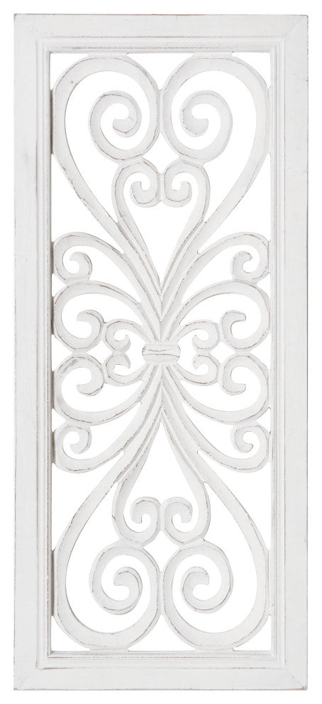 Distressed Hand-Carved White Wood Wall Accent Medallion Panel - 16x36