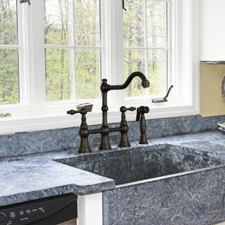Two-Handles Copper Bridge Kitchen Faucet with Side Sprayer, Oil Rubbed Bronze