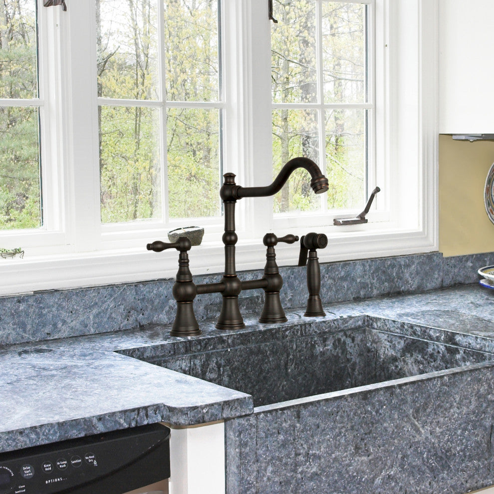 Two-Handles Copper Bridge Kitchen Faucet with Side Sprayer, Oil Rubbed Bronze