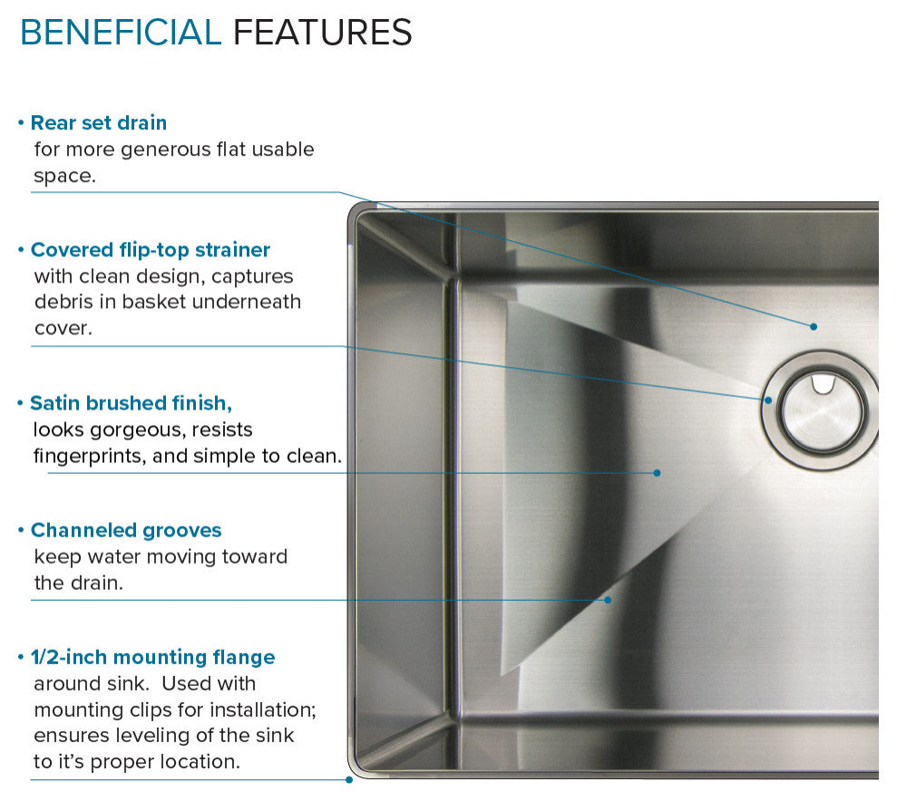 Transolid 29"x18" Rimless Single Bowl Kitchen Sink, Stainless