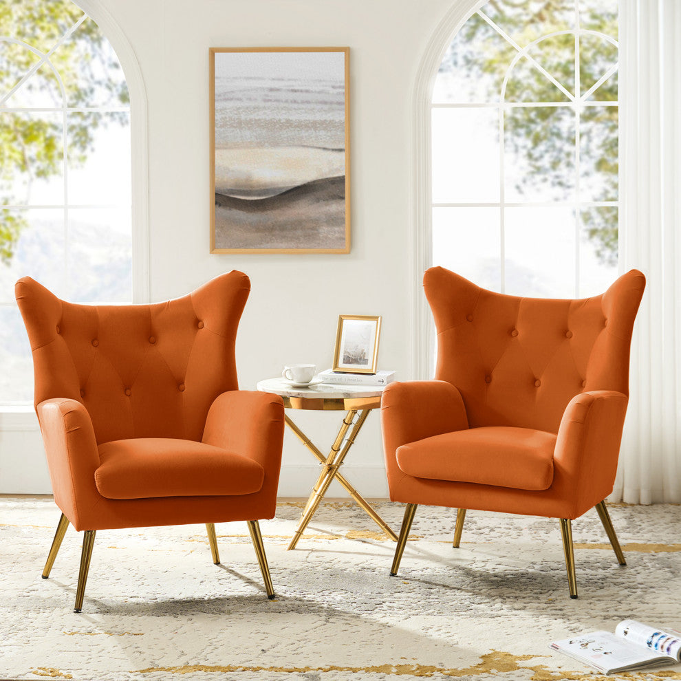 Upholstered Accent Chair With Tufted Back, Set of 2, Orange