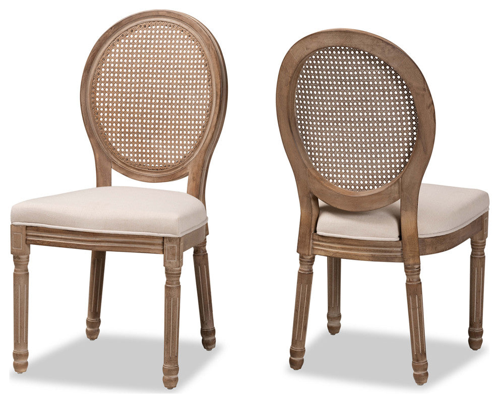 Alba French Inspired Beige Dining Chair, Set of 2, With Rattan