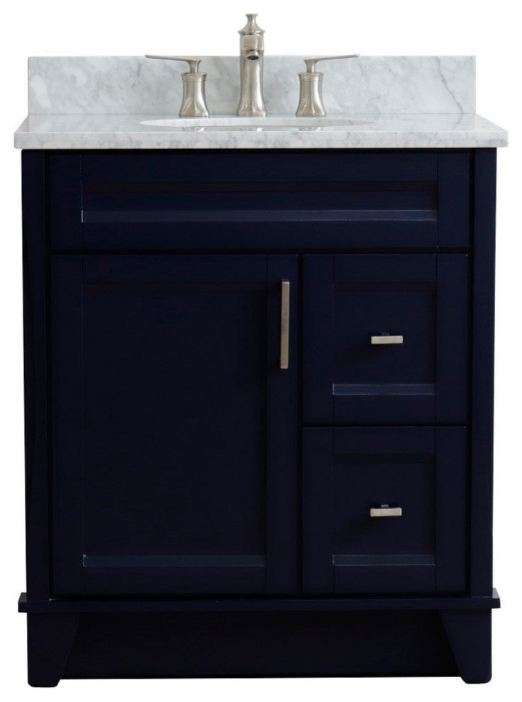 31" Single Sink Vanity, Blue Finish With White Carrara Marble With Oval Sink