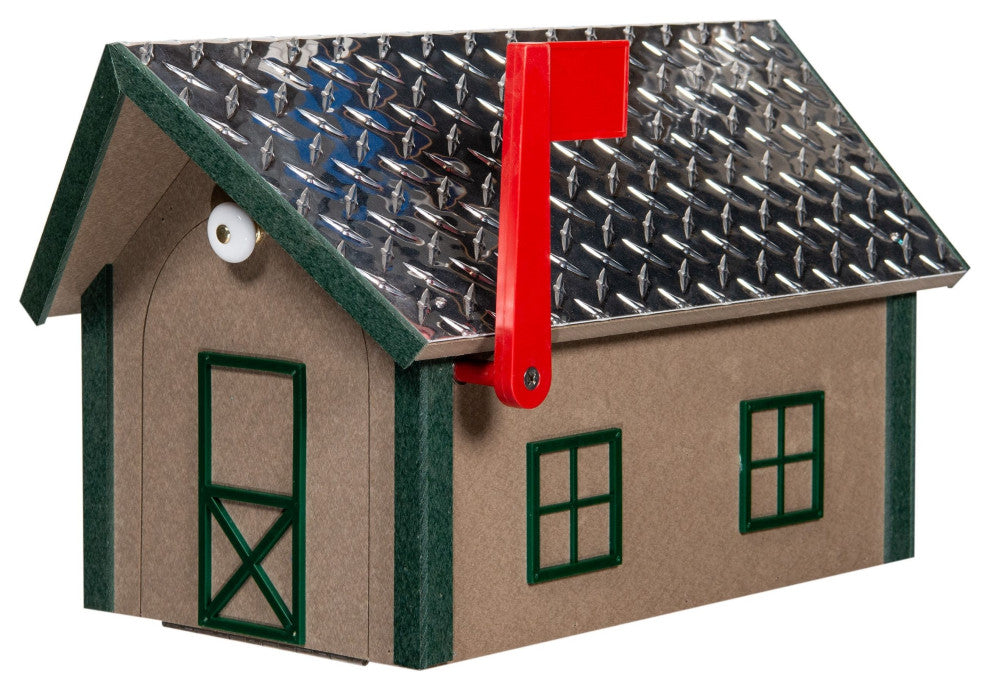 Deluxe Mailbox, Weatherwood & Turf Green, Aluminum Diamond Plate Roof, Poly Lumber