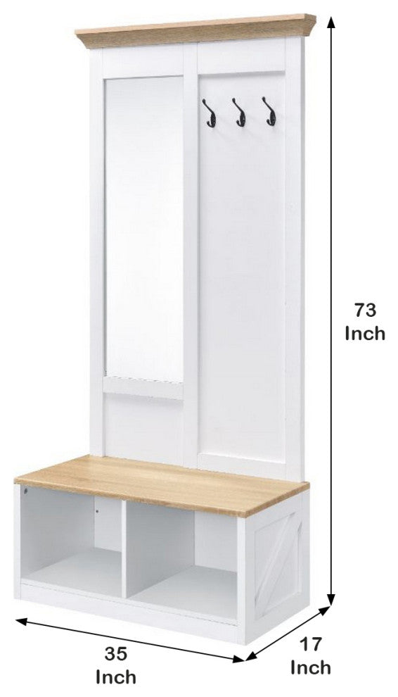 Benzara BM251205 Hall Tree With Body Length Mirror & Bench Seat, White/Brown