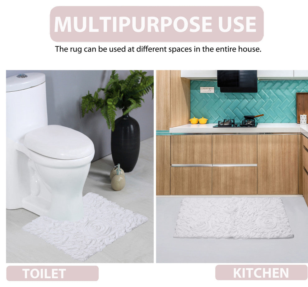 Bell Flower Collection Cotton Bath Rug, 21"x34", White