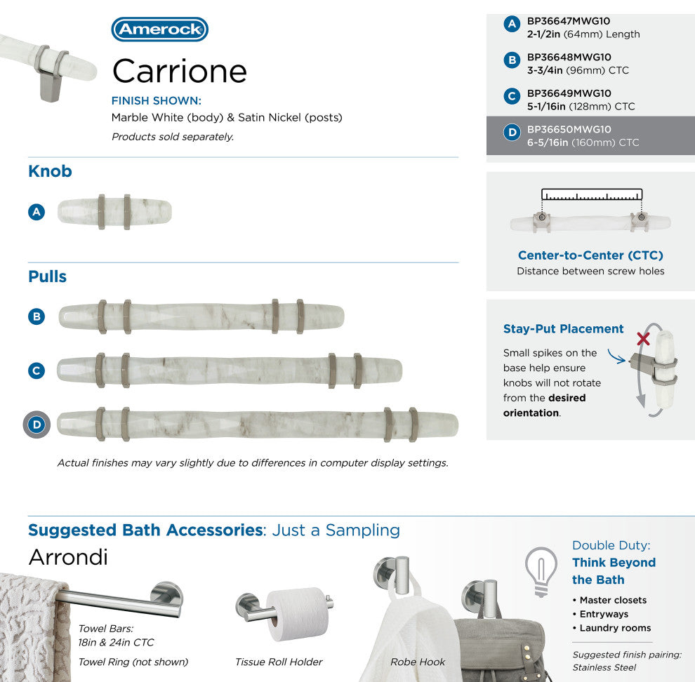Carrione Cabinet Pull, Marble White/Satin Nickel, 6-5/16" Center-to-Center