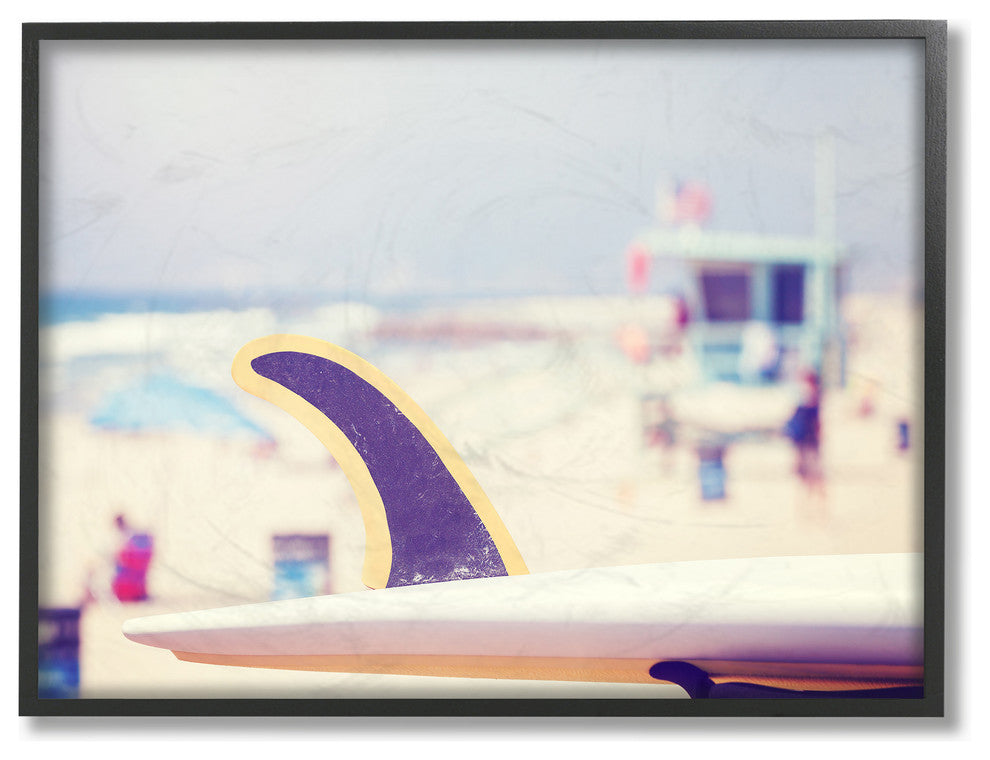 Surfboard on Beach Photograph Framed Giclee Texturized Art, 16x20