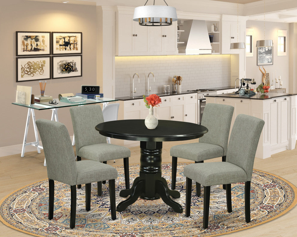 5Pc Rounded 42" Dining Table, Four Parson Chair, Black Leg, Fabric Shitake