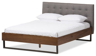 Mitchell Walnut Wood Gray Fabric Dark Bronze Metal Full Platform Bed