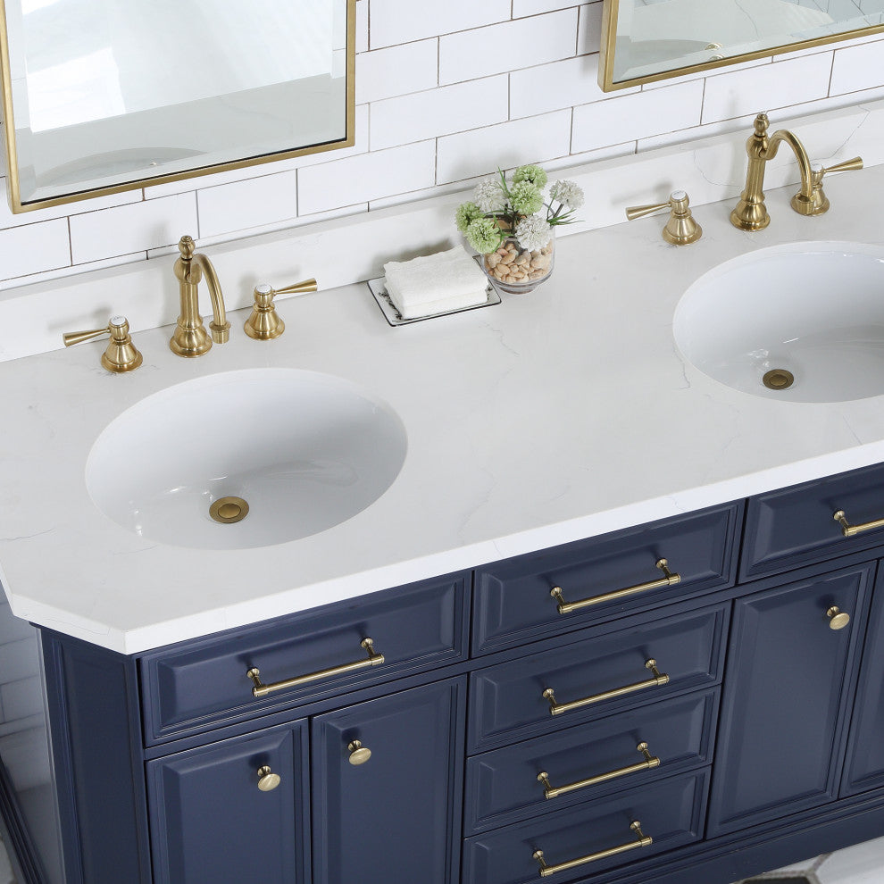 Palace 60" White Quartz Top Double Vanity, Faucet, Mirror, Blue, F2-0012 Faucets