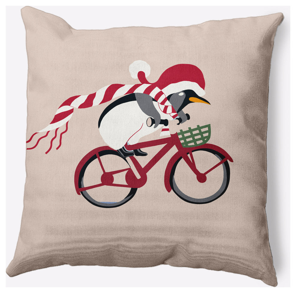 Pedaling Penguin Animal Decorative Throw Pillow, Taupe, 18"x18"