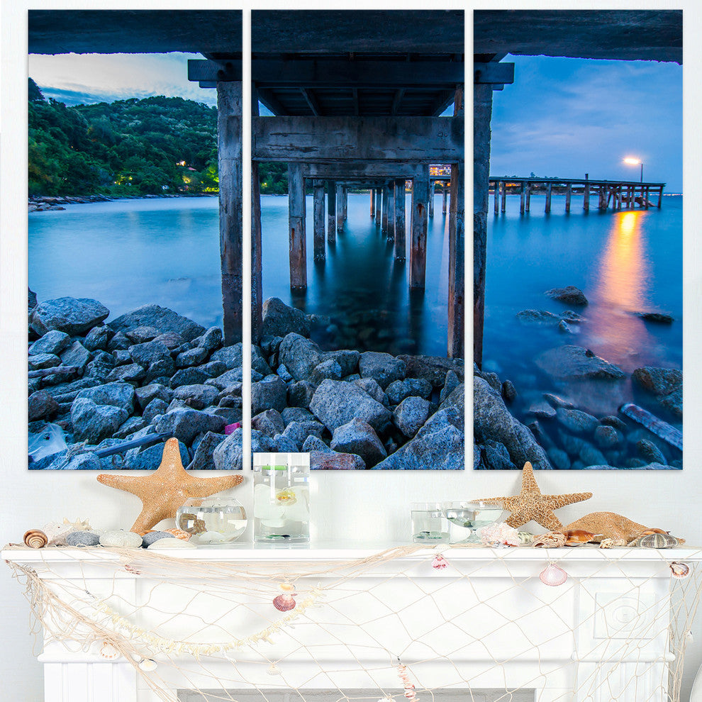 "Under Wood Bridge at Twilight" Sea Bridge Metal Wall Art, 3 Panels, 36"x28"