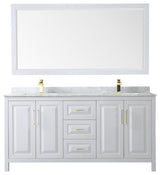 72"DBL Bath Vanity White, Carrara Countertop, Sinks, 70" Mirror, Gold Trim