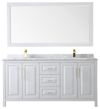 72"DBL Bath Vanity White, Carrara Countertop, Sinks, 70" Mirror, Gold Trim