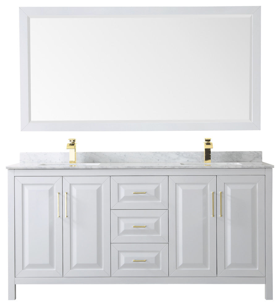72"DBL Bath Vanity White, Carrara Countertop, Sinks, 70" Mirror, Gold Trim