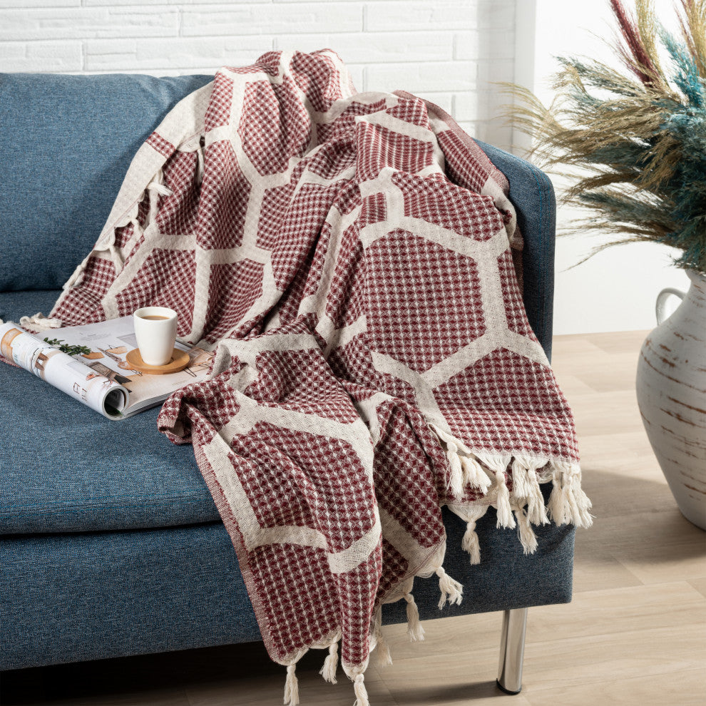 Blue/ Cream Geometric Turkish Organic Cotton Throw Blanket, Red