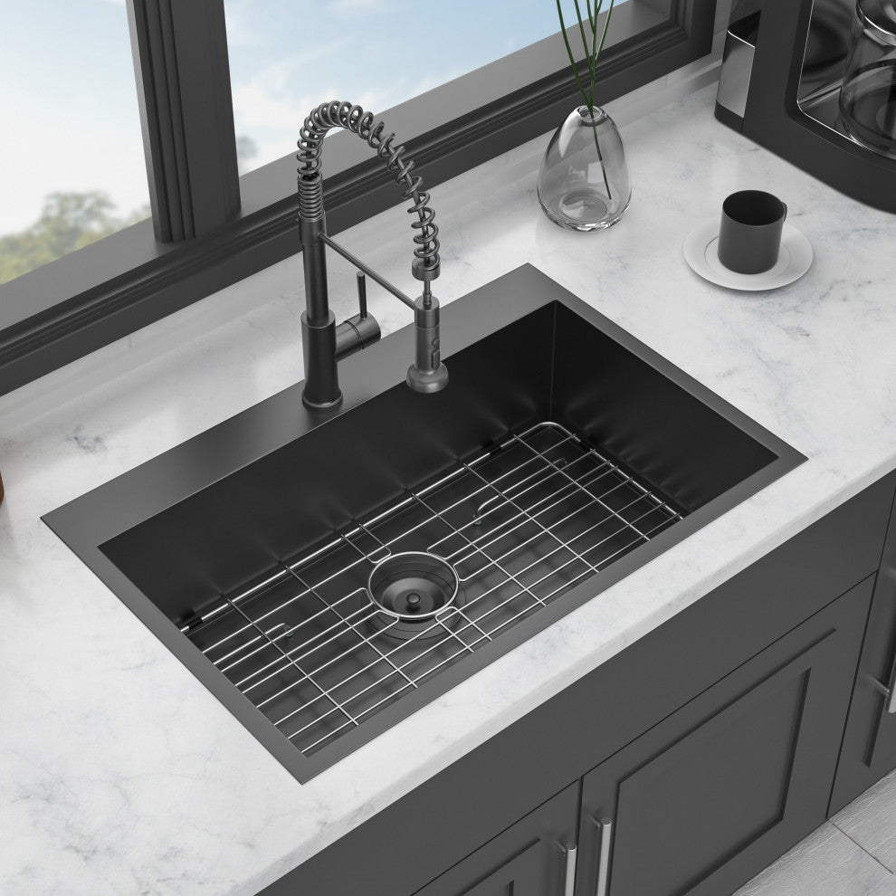 Stainless Steel 33 in. Single Bowl Drop-In Kitchen Sink with Bottom Grid