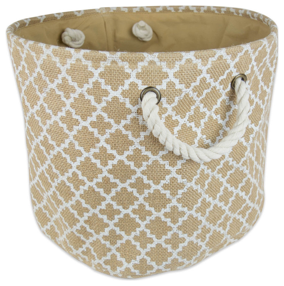Burlap Bin Lattice White Round Large 15"x16"x16"