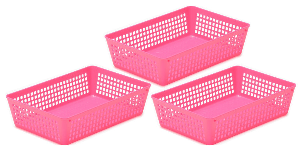 Plastic Storage Baskets for Office Drawer/Desk, Set of 3, Pink