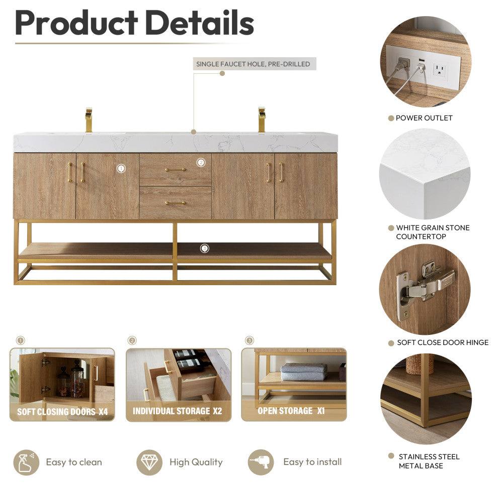 Alistair Vanity, North American Oak With Countertop, 72", With Mirror