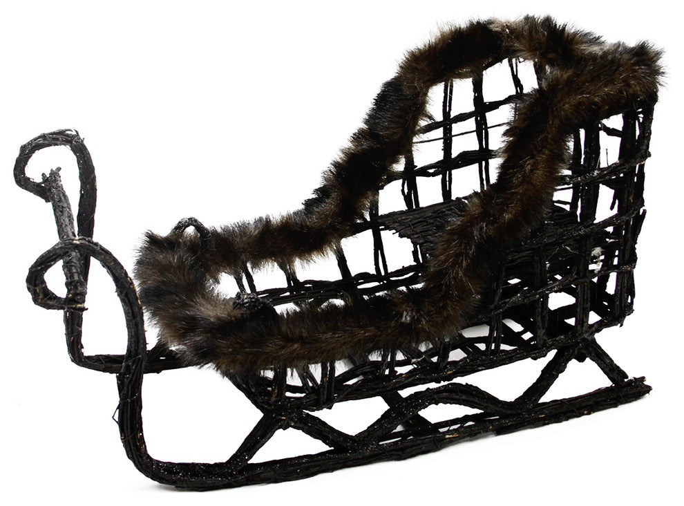 Glittery Wicker Sled Sleigh Decoration With Fur Accent, Dark Brown and Black