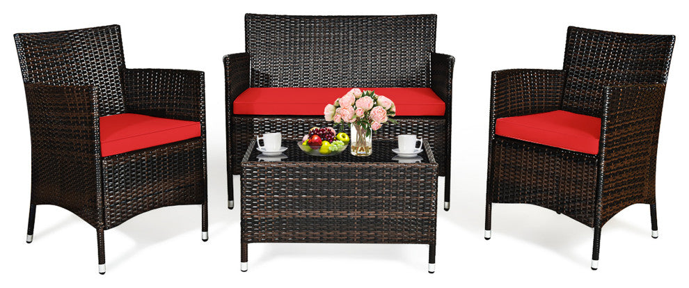 Costway 4 PCS Outdoor Patio Rattan Furniture Set Table Shelf Sofa Red Cushions