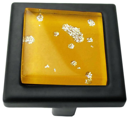 Orange Iridescent Nova Crystal Glass Black Metal Square Manor Knob