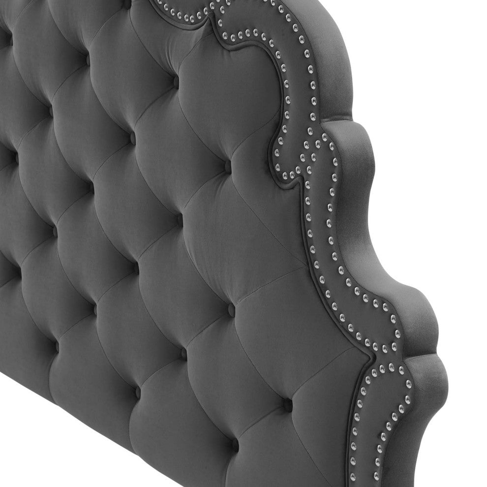 Tufted Headboard, Nailhead, Twin, Charcoal Gray, Velvet, Modern