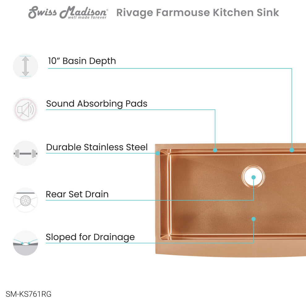 Rivage 36"x21" Stainless Steel Single Basin Farmhouse Apron Sink, Rose Gold