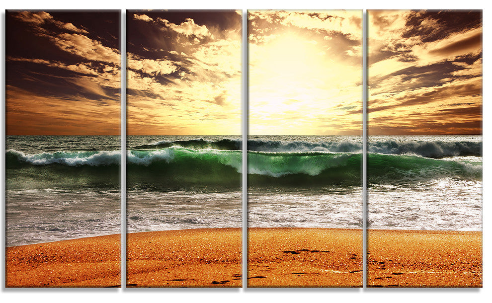 Raging Green Waves At Sunset, Large Seashore Canvas Print, 48"x28", 4 Panels