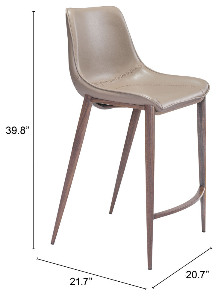 Counter Stool Chair, Set of 2, Faux Vinyl Leather, Steel, Gray, Walnut