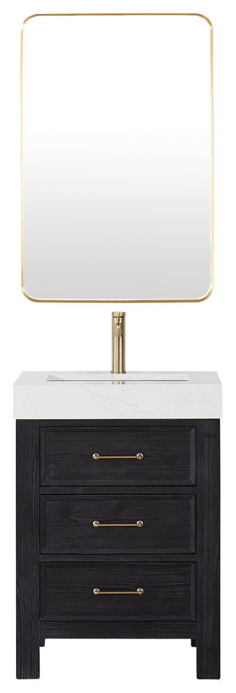 Leon Bath Vanity With Composite Stone Top, Fir Wood Black, 24", With Mirror