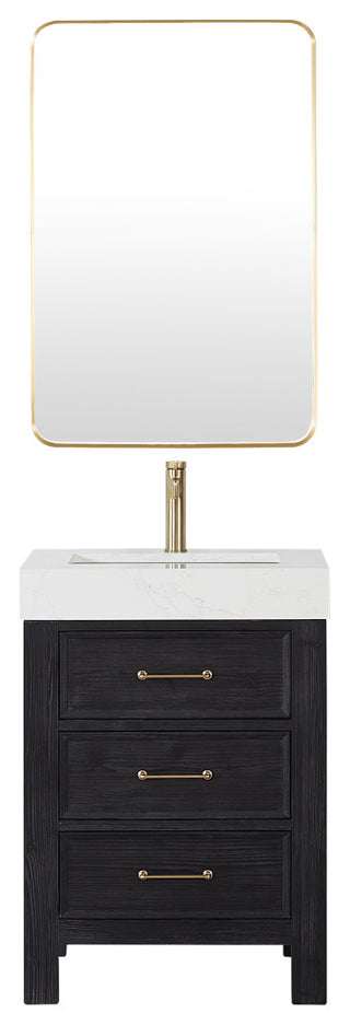 Leon Bath Vanity With Composite Stone Top, Fir Wood Black, 24", With Mirror