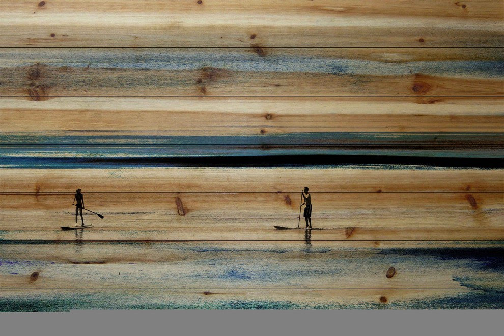 "Surfboard Paddling" Print on Natural Pine Wood, 45"x30"