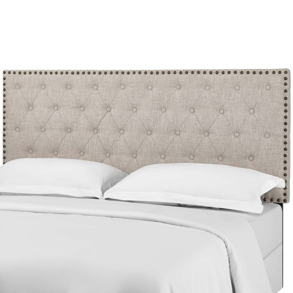 Contemporary Modern Bedroom Full and Queen Size Tufted Headboard, Fabric, Beige