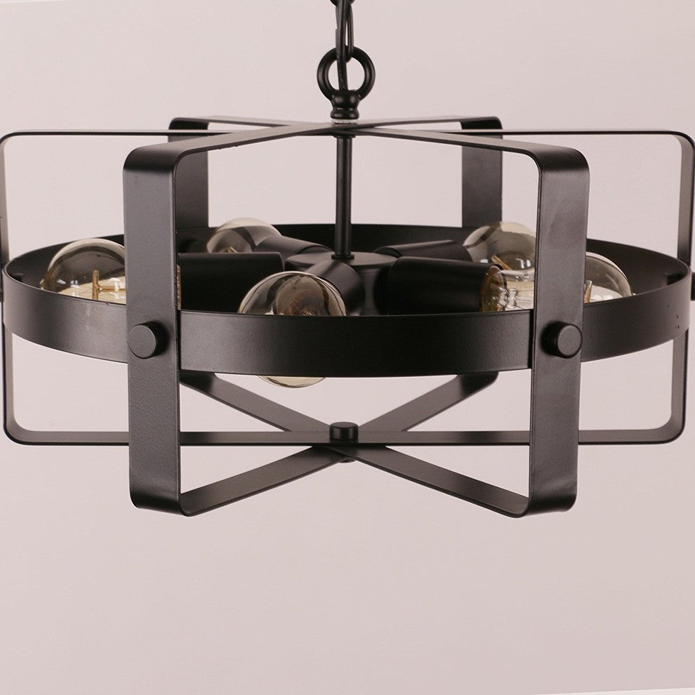 Drum Shape Round Metal Pendant with 5 Bulb Sockets, Antique Black