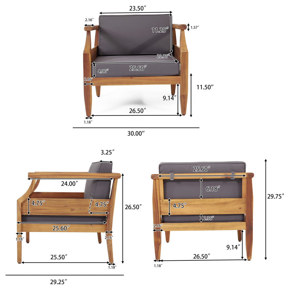 Bianca Outdoor Acacia Wood Club Chairs with Cushions, Teak + Dark Gray, Single