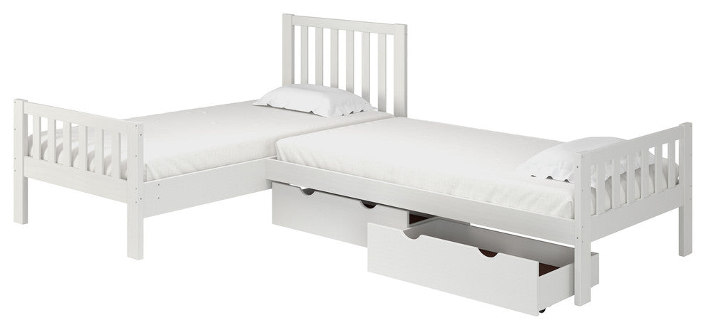 Aurora Corner Twin Set of 2 Beds with storage drawers, White