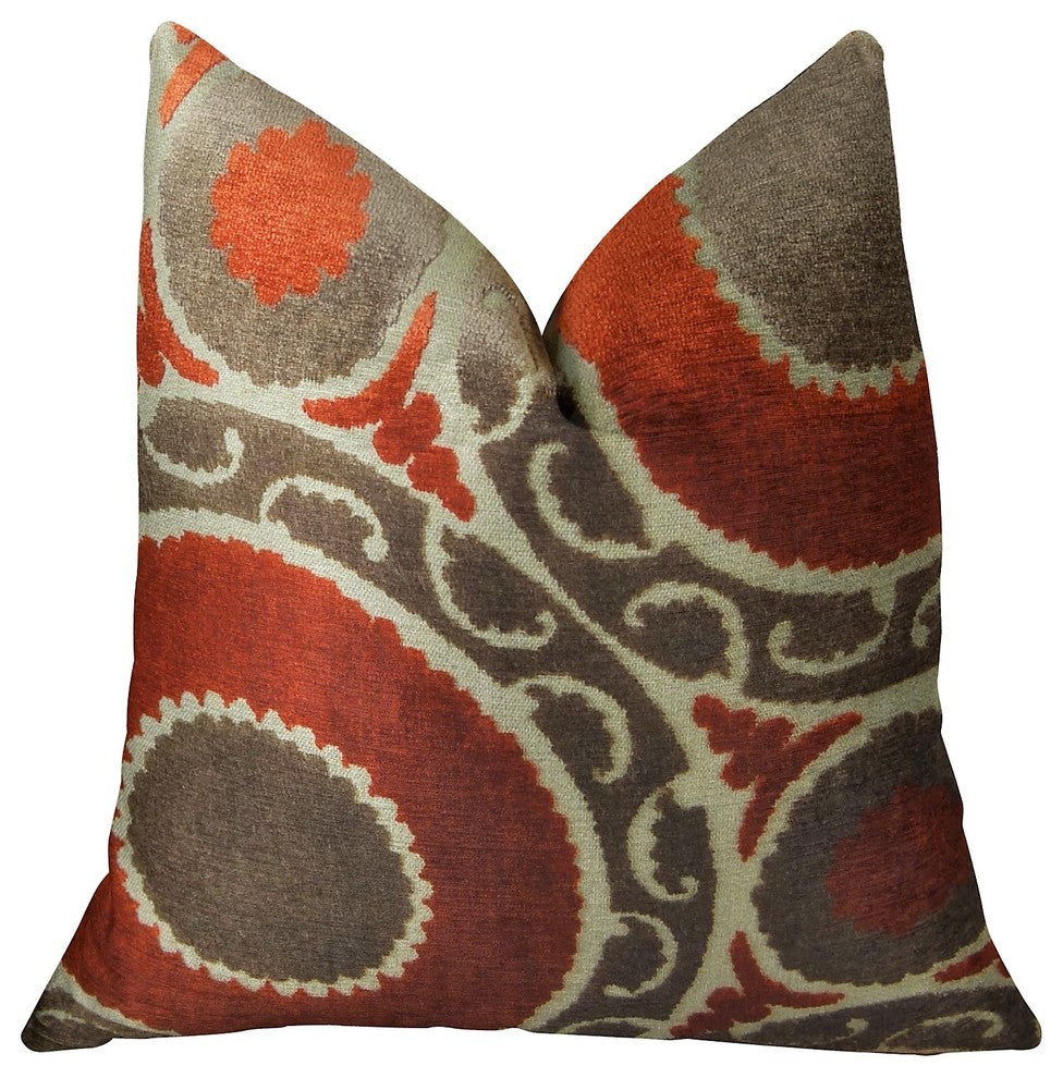 Madeline Red and Brown Handmade Luxury Pillow, 20"x20"