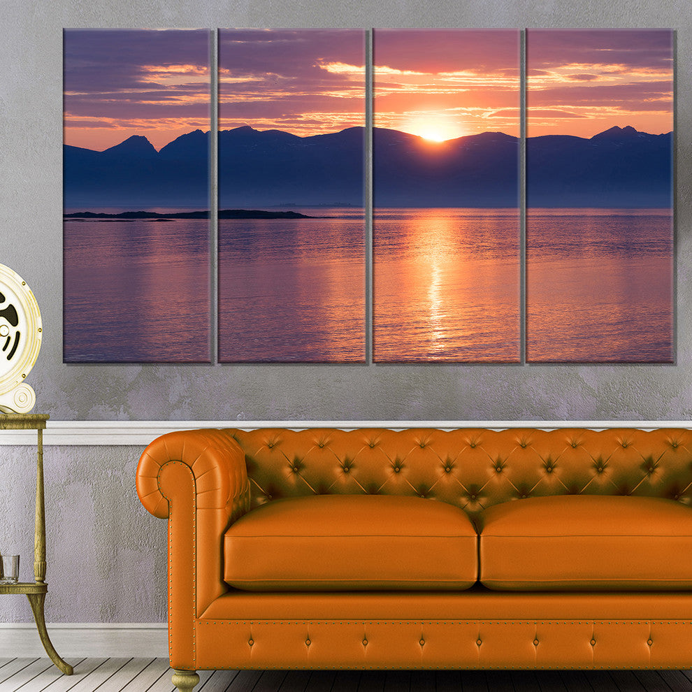 "Norwegian Seashore At Sunset" Modern Seascape Canvas Artwork, 4 Panels, 48"x28"