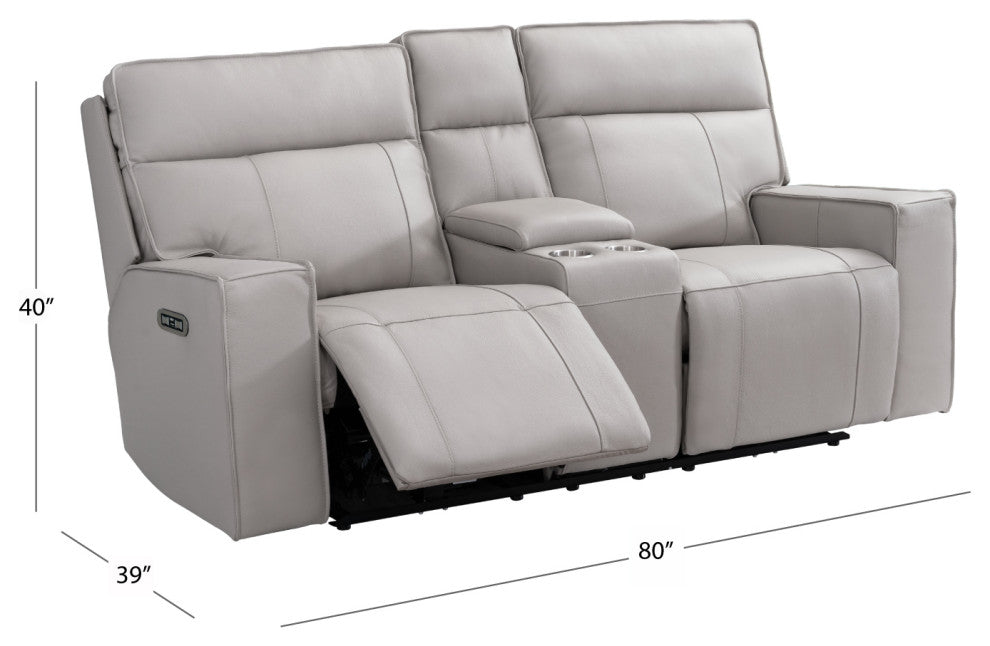 Logan Leather Power Reclining Console Loveseat With Power Headrest, Light Gray