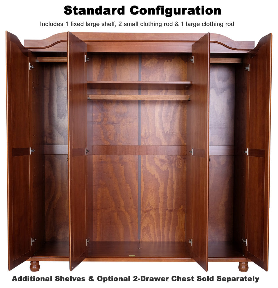 100% Solid Wood Kyle 4-Door Wardrobe Armoire With Mirrors, Mocha