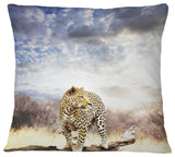 Leopard Walking Under Cloudy Sky African Throw Pillow, 18"x18"