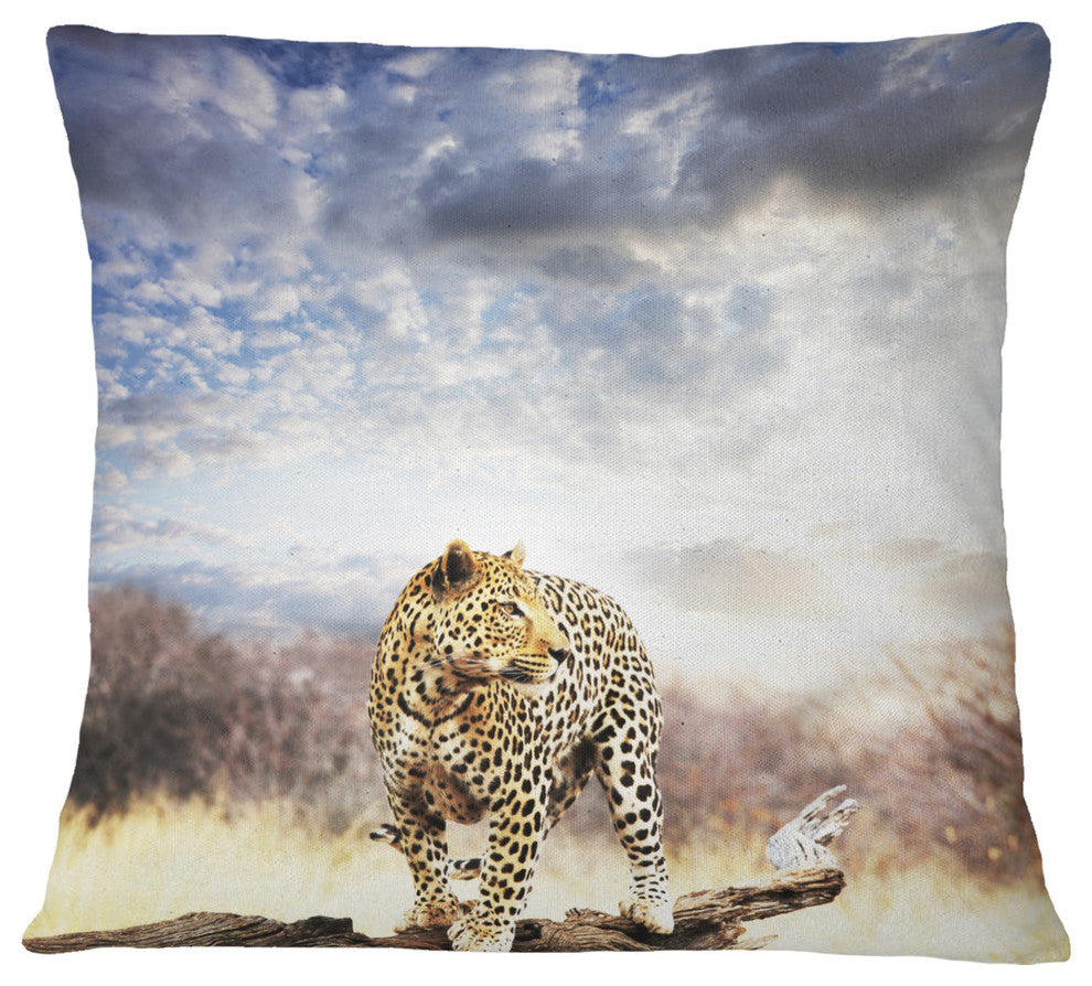 Leopard Walking Under Cloudy Sky African Throw Pillow, 18"x18"