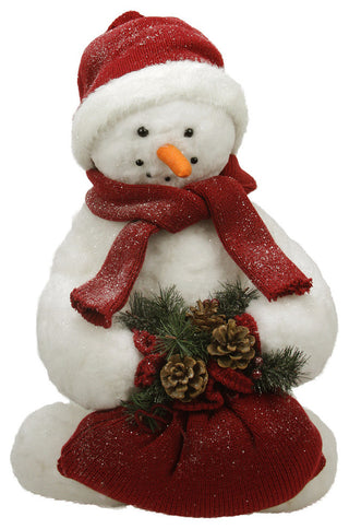 Fluffy Sparkling Glittered Plush Snowman Holding a Bag With Pine Cones, White