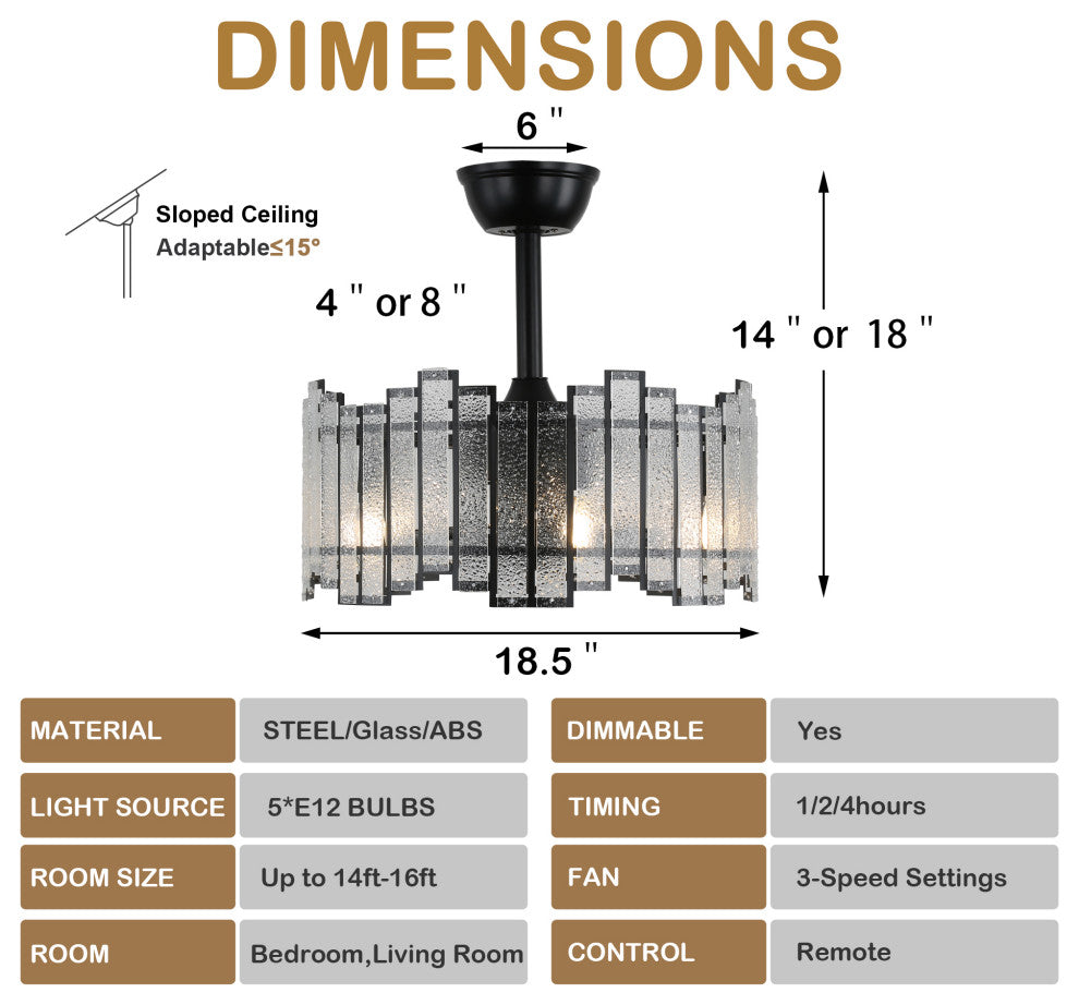 20" Modern Matte Black Ceiling Fan w Metal Frame Glass Shade