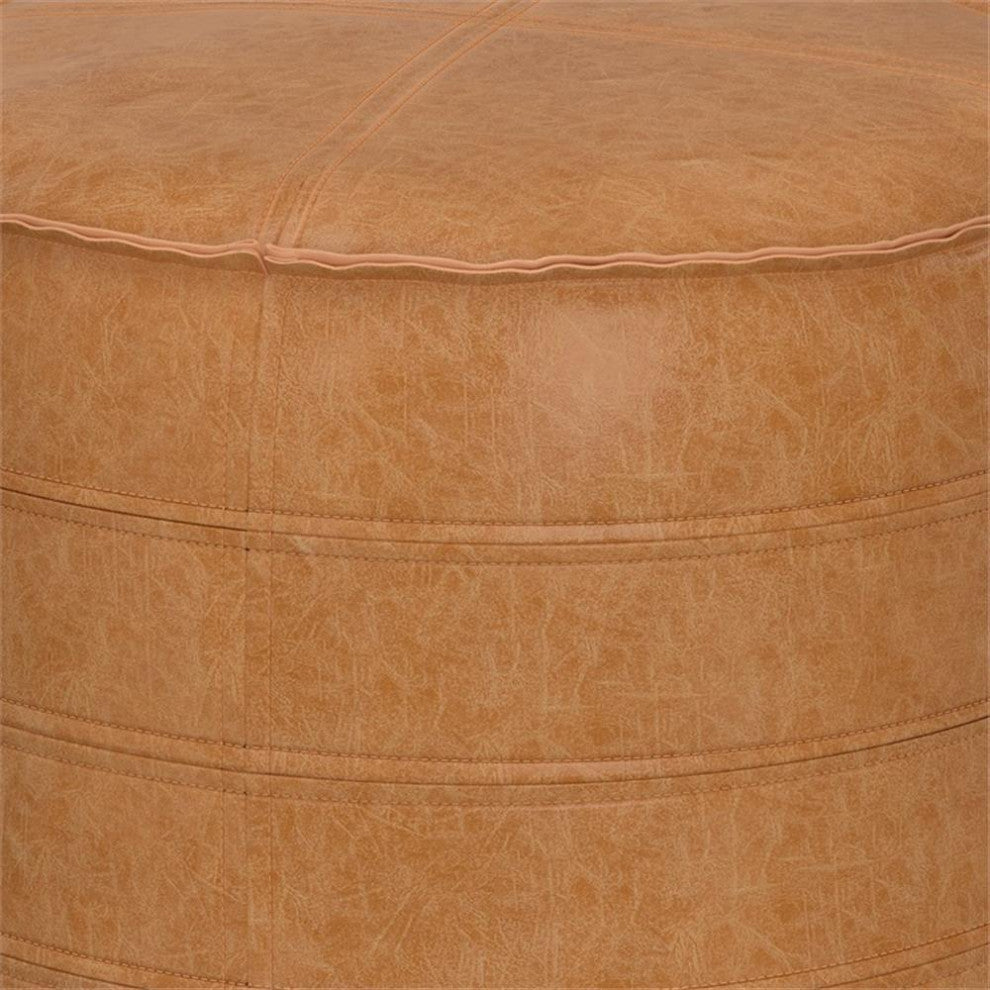 Brody Boho Round Pouf in Distressed Brown Faux Leather